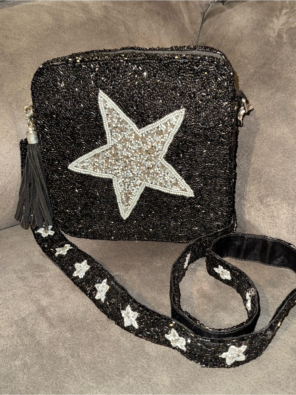 Moyna Black Beaded Star Crossbody Bag with matching embellished strap and tassel - Picture 3 of 9